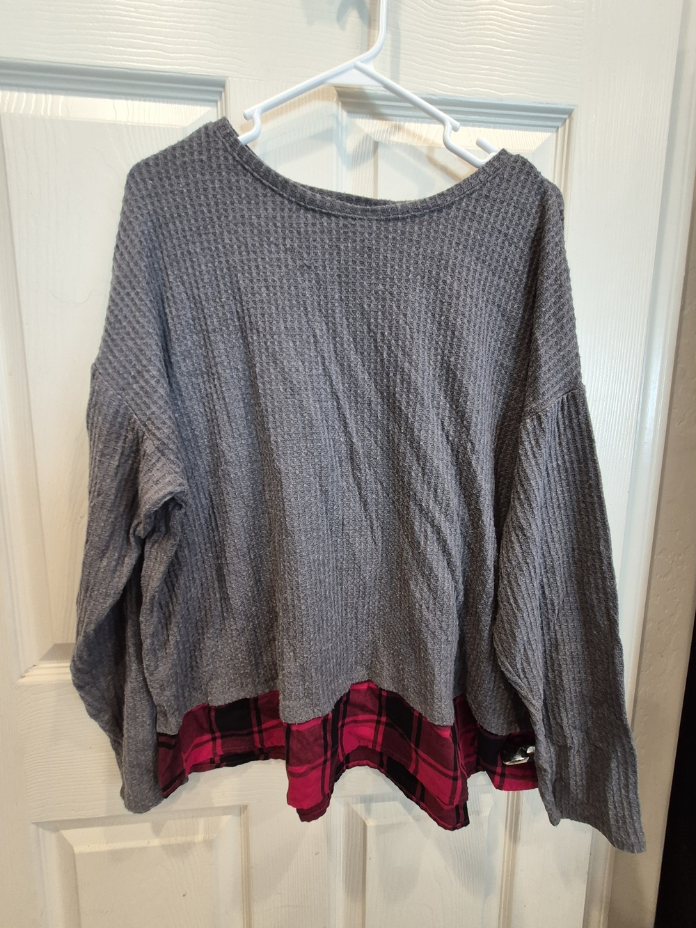 5/25 Gray Waffle-Knit Sweater with Red Plaid Hem